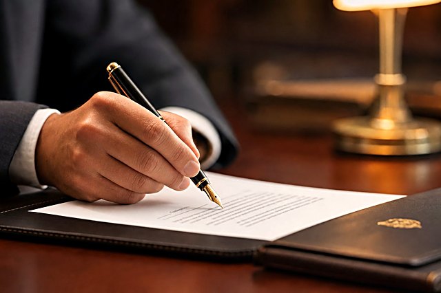 Attorney signing a contract with a fountain pen
