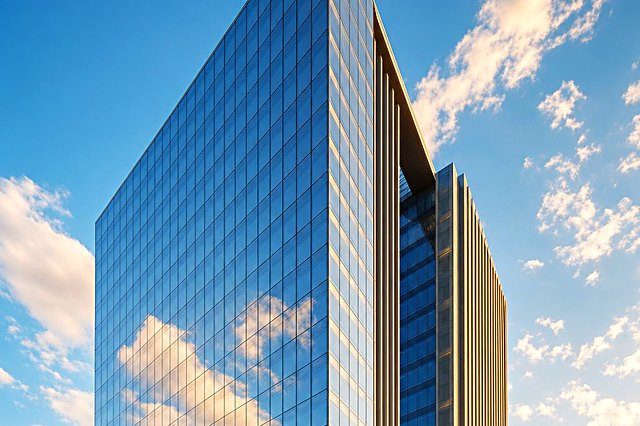 Modern glass office tower at sunset